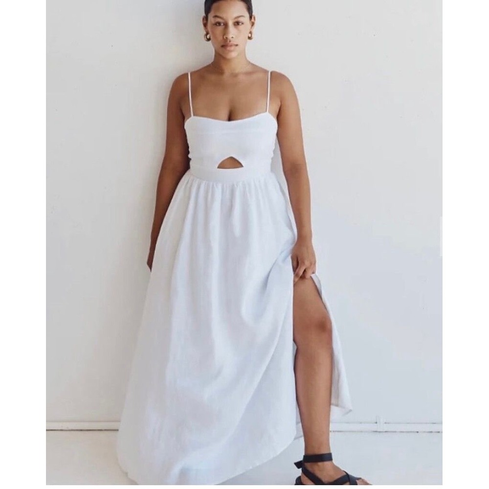 DISSH Harper Linen Midi Dress Womens 12 White Cutout Smocked Coastal Bridal